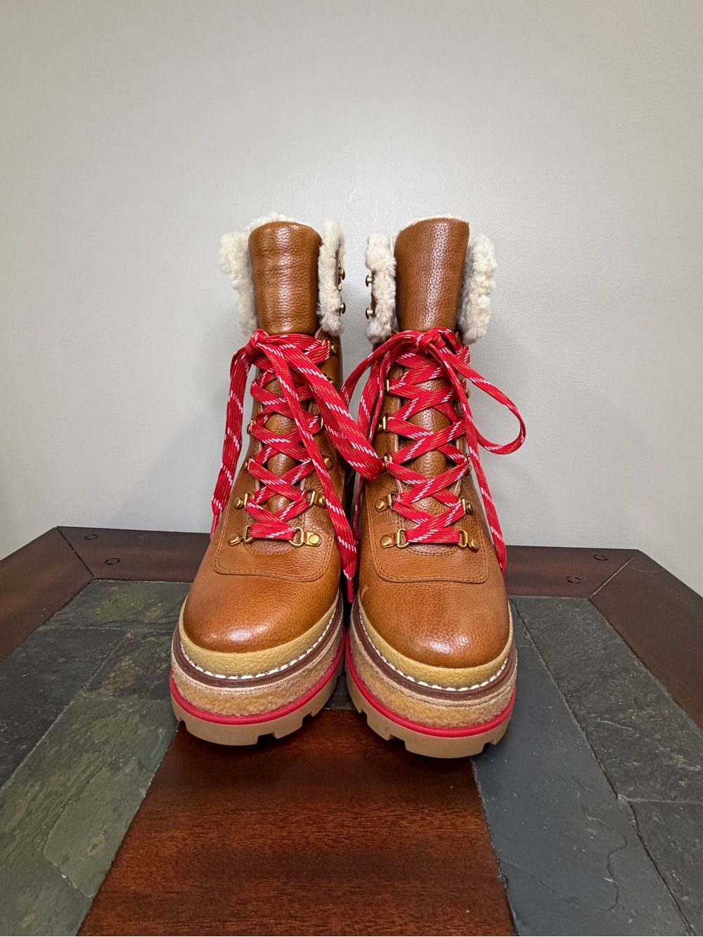 Tory Burch Tan Leather Wedge Boot with Red Laces and Shearling Trim - Picture 3 of 11